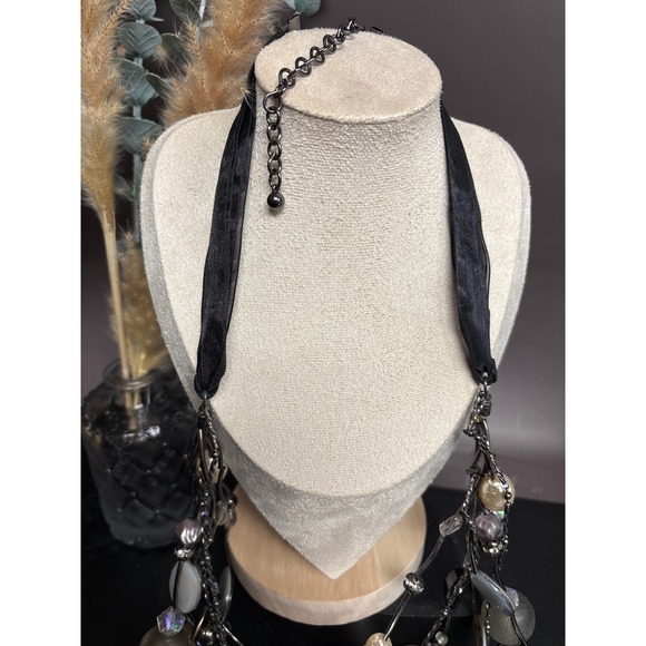 Chico's Layered Black Ribbon Statement Necklace | Gunmetal Beads + Faux Pearl - Picture 5 of 6